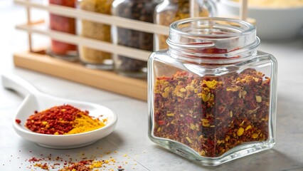 Colorful dried chili powders in glass jars and on plate