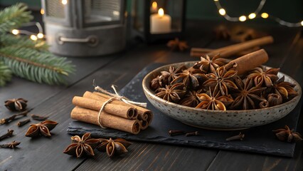 Aromatic Star Anise Pods and Cinnamon Sticks
