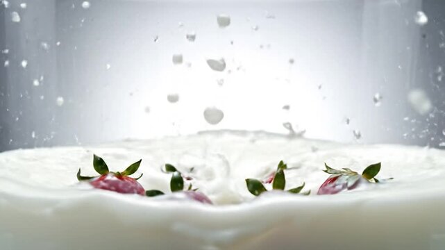 A close-up view of a white liquid splashing upwards, creating a crown shape