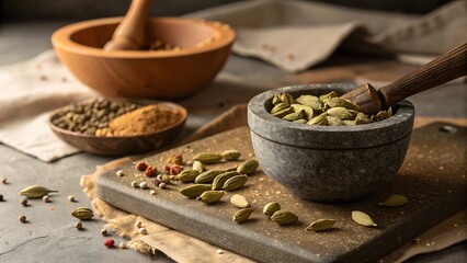 Cardamom Pods and Seeds with Mortar and Pestle