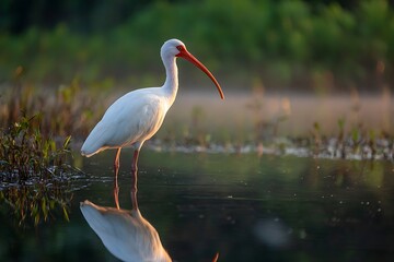 Fototapeta premium Solitary white wading bird with a long curved beak stands in still water during soft morning light