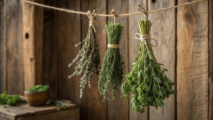 Bunches of Fresh Herbs Hanging to Dry on Twine
