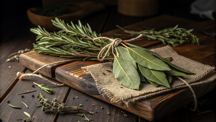Fresh Rosemary and Bay Leaves Tied with Twine on Wooden Board