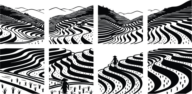Linocut style panoramic black and white terraced rice fields close up panels with conical hat farmer walking between flooded paddies winding contour lines dramatic composition peaceful