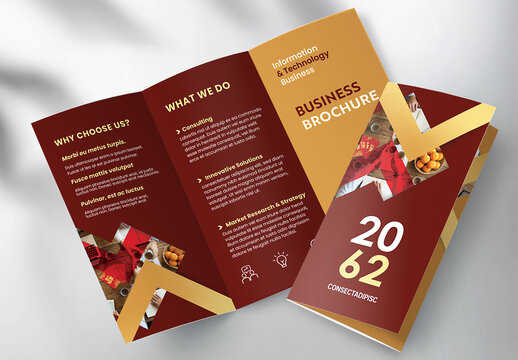 Chinese New Year Corporate Trifold Brochure Template with Red and Gold Geometric Design