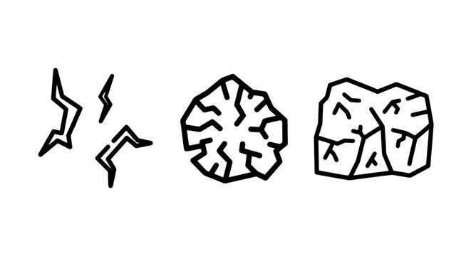 Icons depicting lightning, a cracked rock or geode, and a broken stone, suggesting energy, natural forces, or impact.