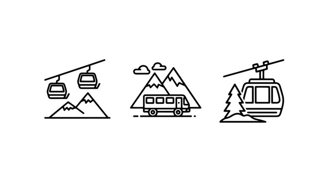 Outline icons for mountain travel: ski lift gondolas, a bus amidst mountains and clouds, and a gondola near a pine tree.