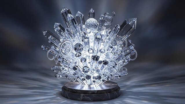 A stunning ice throne sculpted from clear crystals glows with internal light presenting a fantastical seat