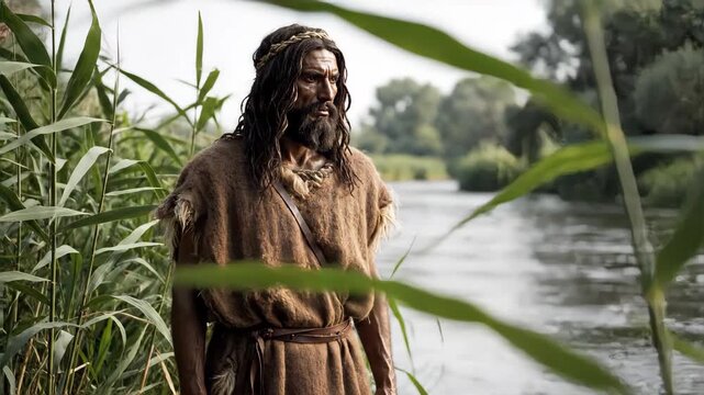 John the Baptist standing motionless near river bank, surrounded by lush reeds. John the Baptist figure in ancient attire contemplates natural environment.