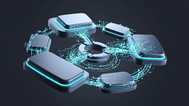 DESCRIPTION:
Abstract animation representing rotating workflow elements transferring data in continuous cycles, symbolizing efficient automation and system optimization. Minimal corporate design, dark