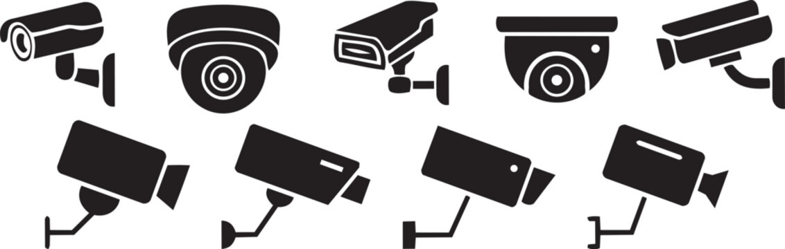 Security Cameras Icon Set: A collection of various security cameras depicted in a monochrome style, offering a visual representation of surveillance and safety.