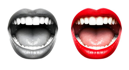 Fototapeta premium A comparison between a grayscale open mouth and a colorful open mouth with bright red lipstick isolated on transparent background. ai generated