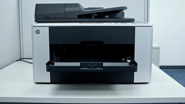 Modern office printer on a white desk in a well-lit room with a sleek design and open paper tray