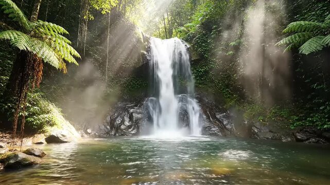 Lush tropical waterfall cascading into a serene pool bathed in golden sunlight filtering through dense rainforest foliage a tranquil and idyllic nature escape