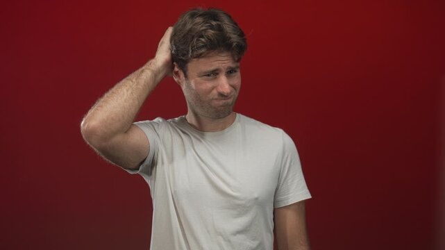 Young hispanic man with hand on back of head and furrowed brow wearing white tshirt in a red studio showing a puzzled scratching gesture and slouched posture; confusion.