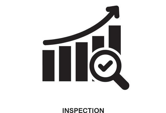 Flat design graphic icon representing business growth analysis with a rising bar chart, magnifying glass, and checkmark for inspection and review.