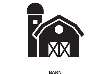 Simple black icon of a farm barn with silo and double X door detail, representing agriculture and rural life © RASHIDAPARVIN