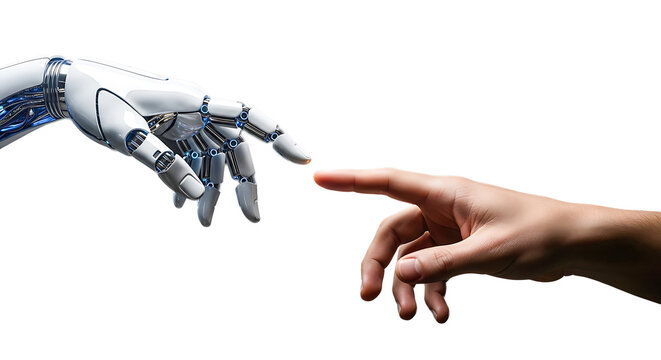 Human and robot hand nearly touching, symbolizing the future of technology and ai connection isolated on transparent background