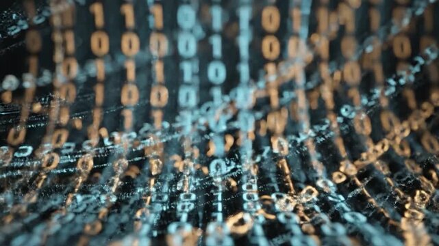 Flowing binary code streams through a dark, abstract digital landscape
