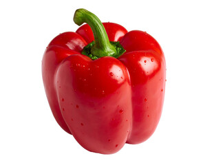 Shiny red bell pepper with green stem, glistening with water droplets