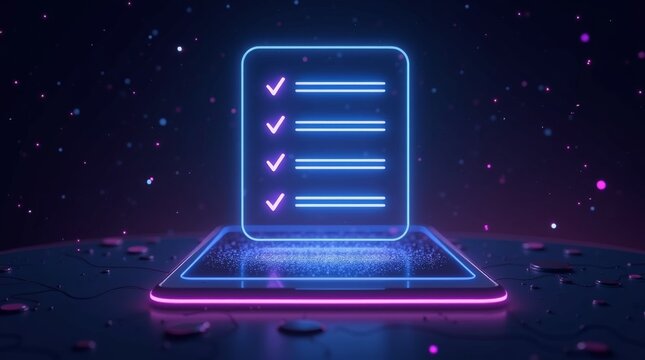 Futuristic Neon Checklist Icon with Glowing Checkmarks