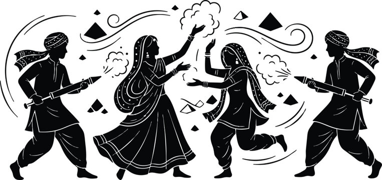 Silhouette vector flat design side view of people celebrating holi throwing powder dancing running with water guns joyful festive motion traditional clothes turbans scarves dynamic composition