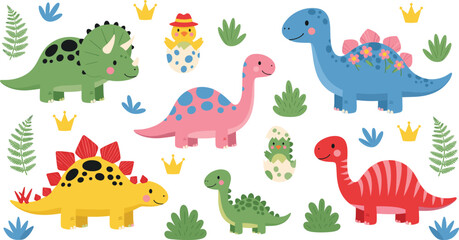 Collection of cute baby dinosaur characters featuring colorful Triceratops Stegosaurus Brachiosaurus and hatchlings with crowns and foliage for children's nursery design elements. © MdGohurul