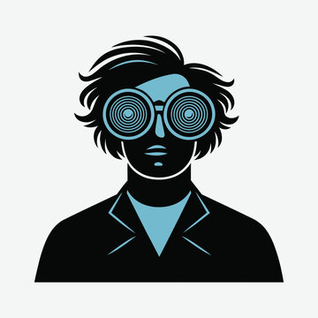 Hypnotized Scientist Wearing Spiral Glasses Stylized Portrait Illustration on White Background