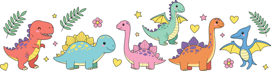 Collection of cute baby dinosaur characters featuring colorful T-Rex Stegosaurus Brachiosaurus and Pterodactyl illustrations with stars and flowers for children's nursery design. © MdGohurul
