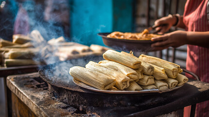 close up of street food vendor in Mexico preparing tamales