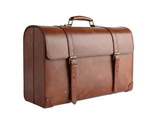 Vintage brown leather trunk with buckled straps, sturdy handle