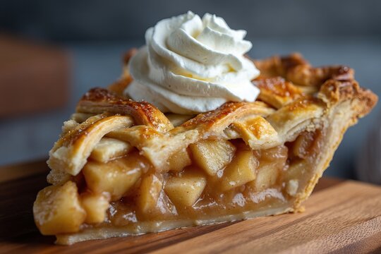 Slice of apple pie with whipped cream topping