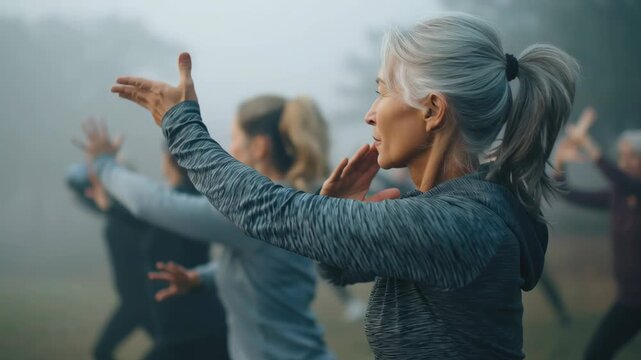 Group of mature women practicing tai chi or slow mindful exercise in a misty park, focusing on balance, breathing, and mental wellbeing.