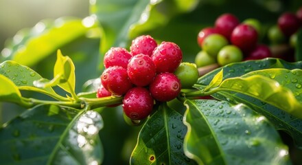 Obraz premium Ripe red coffee berries with water droplets glistening on a vibrant green branch with leaves.
