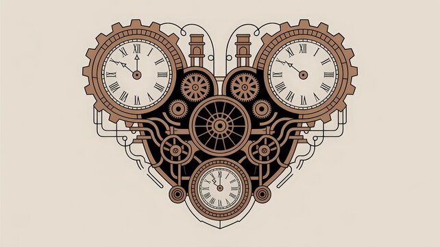 Intricate steampunk heart crafted from gears and clock faces symbolizes mechanical love and time.