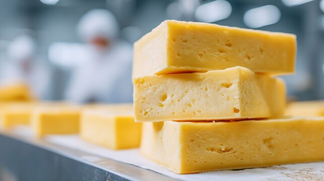 A stack of yellow cheese blocks on a table