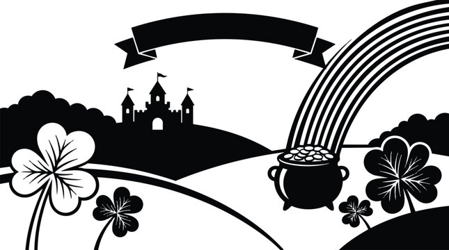 Silhouette vector flat design st patricks landscape with rainbow pouring into pot of gold clover foreground castle on hill banner above black white looking away