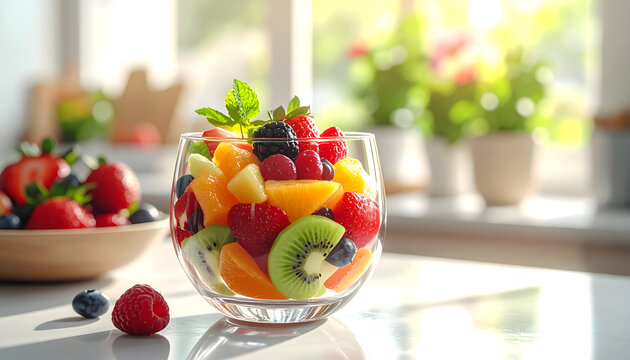 Vibrant Fresh Fruit Salad Served in a Clear Glass Bowl on a Kitchen Countertop Bathed in Soft Natural Sunlight Highlighting Berries Kiwi Orange and Mint Leaves