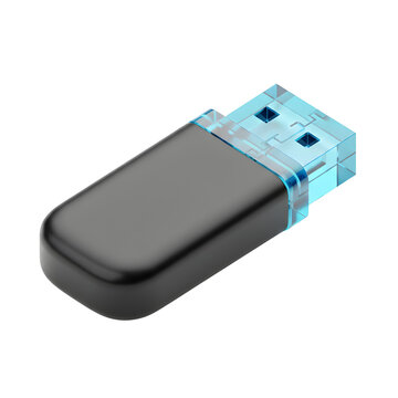 Sleek 3D render of a black USB flash drive with a glowing blue connector on an isolated black background. usb flash drive, data storage, digital technology, electronic device, glowing blue