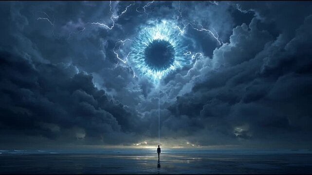 A person stands on a beach background watching a video of a stormy weather with lightning.