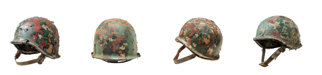 Fototapeta premium Four weathered military helmets with camouflage patterns displayed isolated on transparent background high quality professional detailed