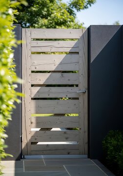 Contemporary garden entrance featuring a modern wooden gate and sleek dark gray wall design