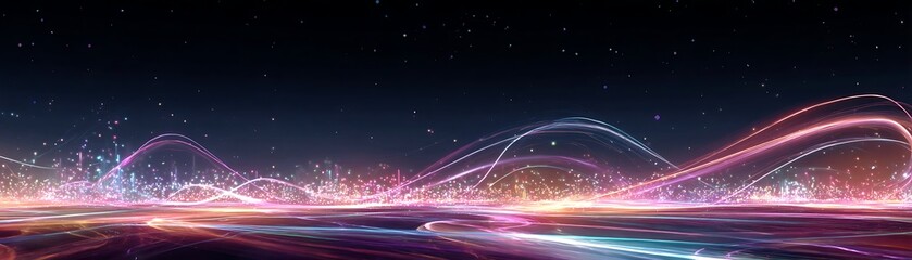 Obraz premium Glowing ethereal light waves undulate across a dark, star-filled horizon