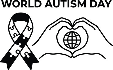 Obraz premium Minimalist line art close up world autism day puzzle ribbon and hands forming heart around globe black and white vector icon set for awareness campaign simple