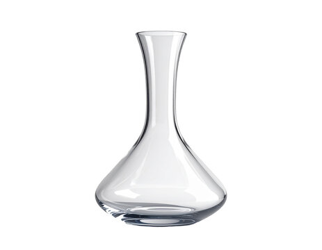 A transparent glass decanter with a bulbous base and slender neck on black