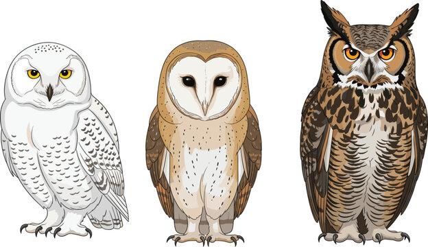 Realistic owl species illustration vector set featuring snowy owl, barn owl and great horned owl