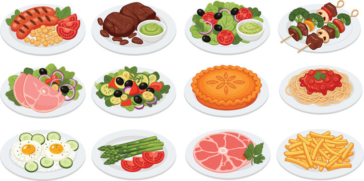 Assorted food dishes vector set with meat, salads, pasta, pie and side meals