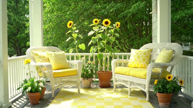 Sunny outdoor porch seating area on a white veranda with sunflowers, yellow cushions, and potted plants