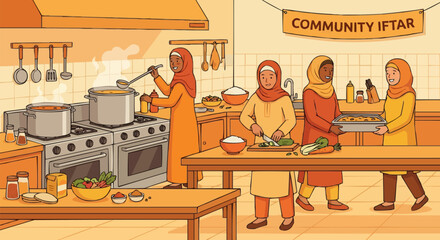 Flat vector illustration of muslim women cooking together in community kitchen for mass Iftar.