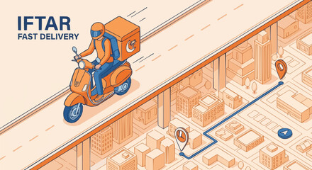 Isometric food delivery service courier on scooter for Iftar Ramadan break fasting time.
